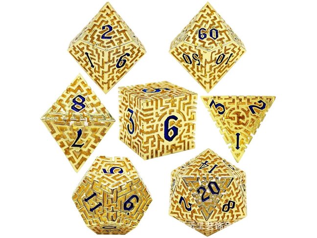 Würfelz Maze Gold with Blue Numbers - 7 Die Metal Set