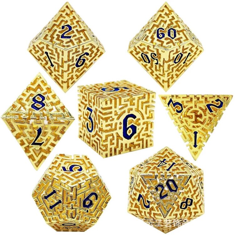 Würfelz Maze Gold with Blue Numbers - 7 Die Metal Set