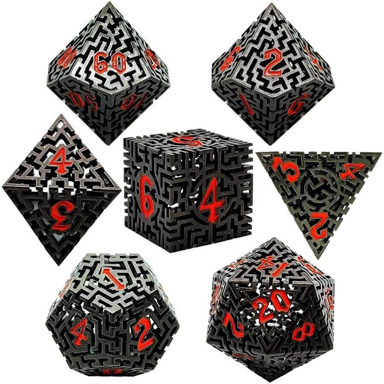 Würfelz Maze Black with Red Numbers - 7 Die Metal Set