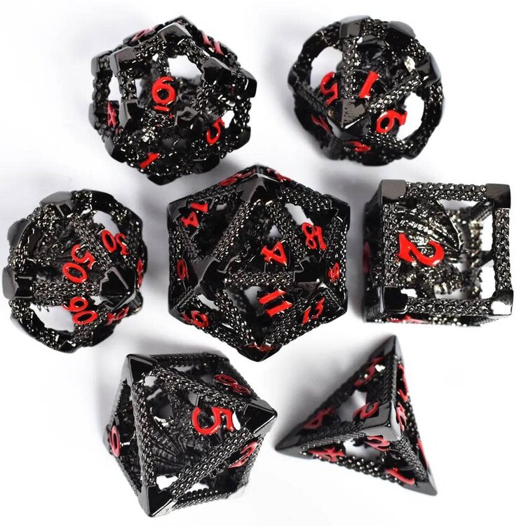 Würfelz Caged Dragon Black with Red Numbers - 7 Die Metal Set