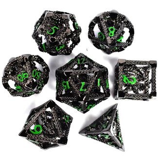 Würfelz Caged Dragon Black with Green Numbers - 7 Die Metal Set
