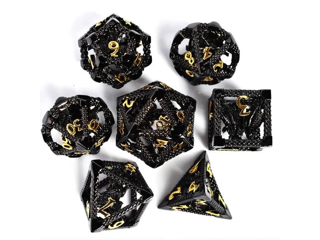 Würfelz Caged Dragon Black with Gold Numbers - 7 Die Metal Set