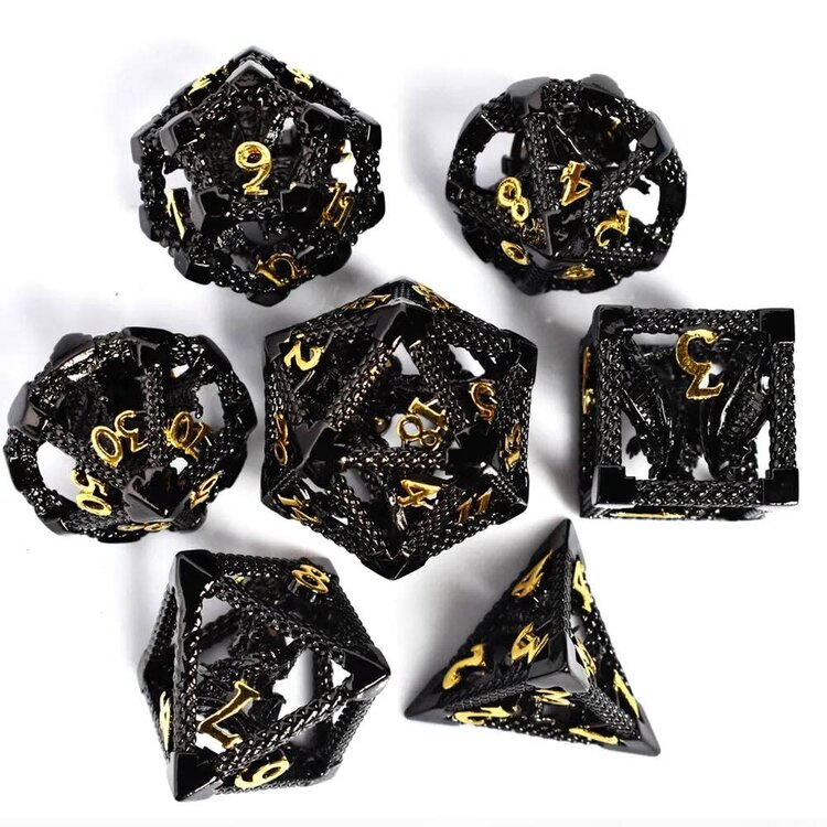 Würfelz Caged Dragon Black with Gold Numbers - 7 Die Metal Set