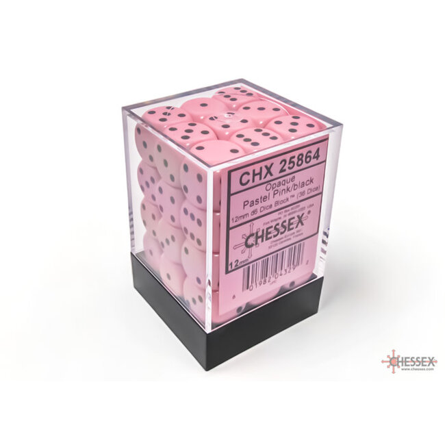 Chessex Chessex: Pastel Pink/black - 36 Opaque 12mm D6 Dice Block