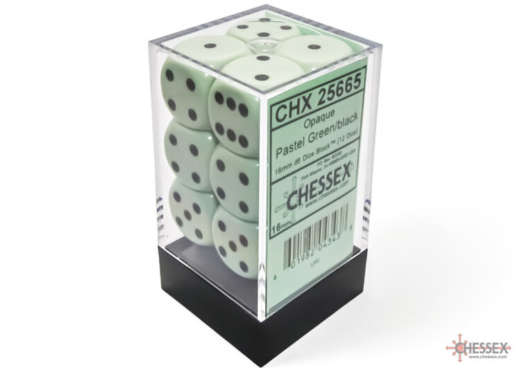 Chessex Chessex: Pastel Green/black - 12 Opaque 16mm D6 Dice Block
