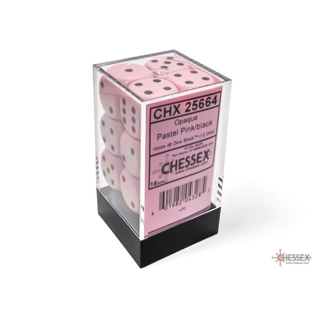Chessex Chessex: Pastel Pink/black - 12 Opaque 16mm D6 Dice Block