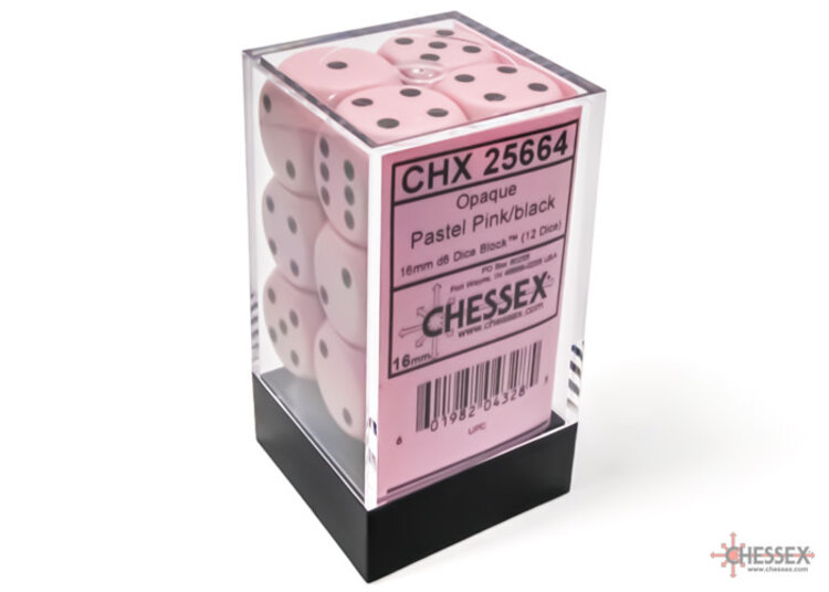 Chessex Chessex: Pastel Pink/black - 12 Opaque 16mm D6 Dice Block