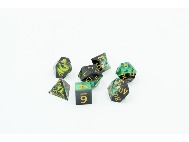 Würfelz Pearl Pattern Green Dragon Eye with Black - 7 Die Sharp Edged Resin Set