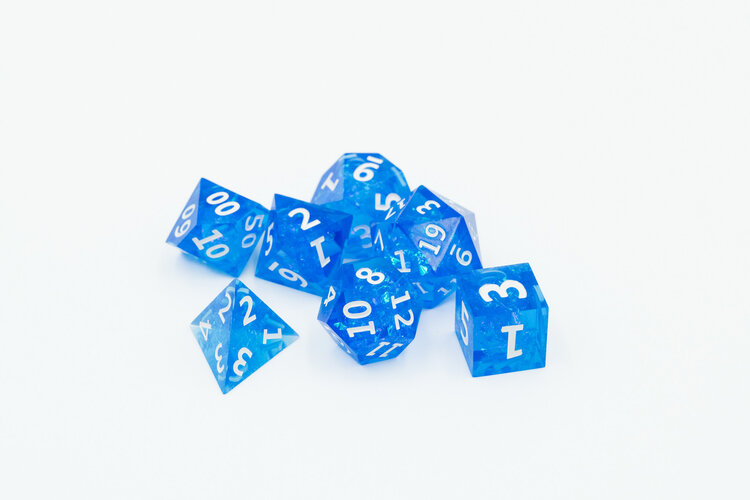 Würfelz Würfelz: Gold Foil Blue with White Numbers - 7 Die Sharp Edged Resin Set