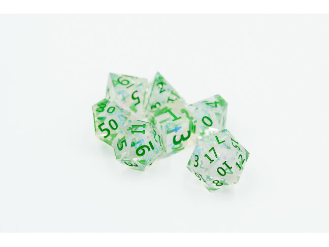 Würfelz Gold Foil Transparent with Green - 7 Die Sharp Edged Resin Set