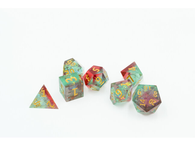 Würfelz Gold Foil Red & Green with Gold - 7 Die Sharp Edged Resin Set