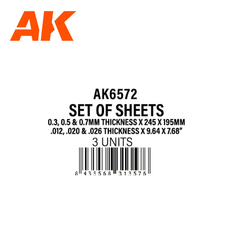 AK Interactive AK Interactive: Styrene Sheet Set - 0.3, 0.5, 0.7mm - 245 x 195mm (3 Units)