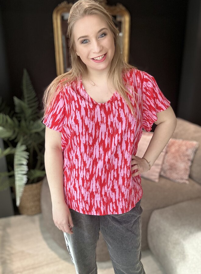 VMCEASY JOY V-NECK SS BLOUSE WVN GA CUR fiery red aop bonbon
