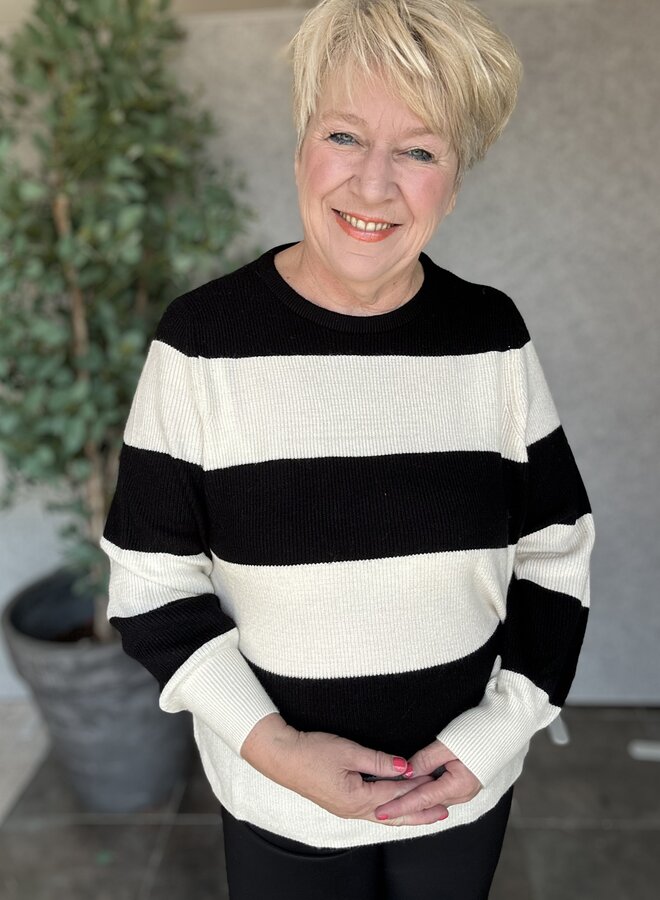 CARNEW DARIA L/S STRIPE PULLOVER KNT Black/White Cap