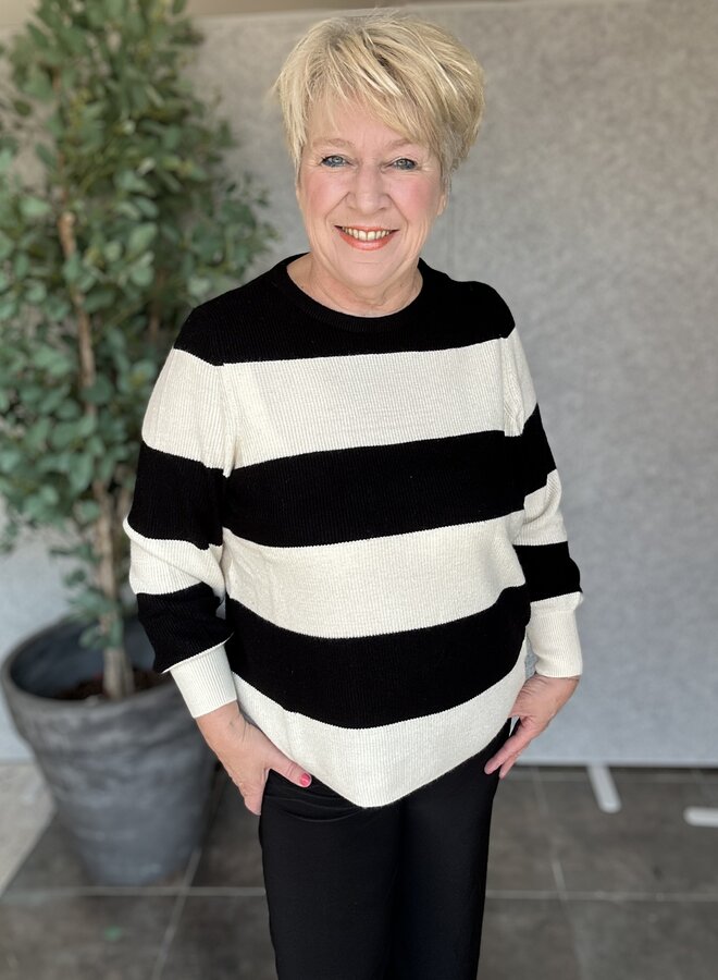 CARNEW DARIA L/S STRIPE PULLOVER KNT Black/White Cap