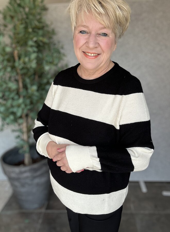 CARNEW DARIA L/S STRIPE PULLOVER KNT Black/White Cap