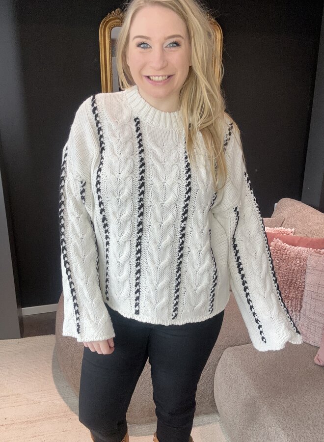CARTESSA CABEL STITCH LS O-NECK KNT Birch/Melange/Black