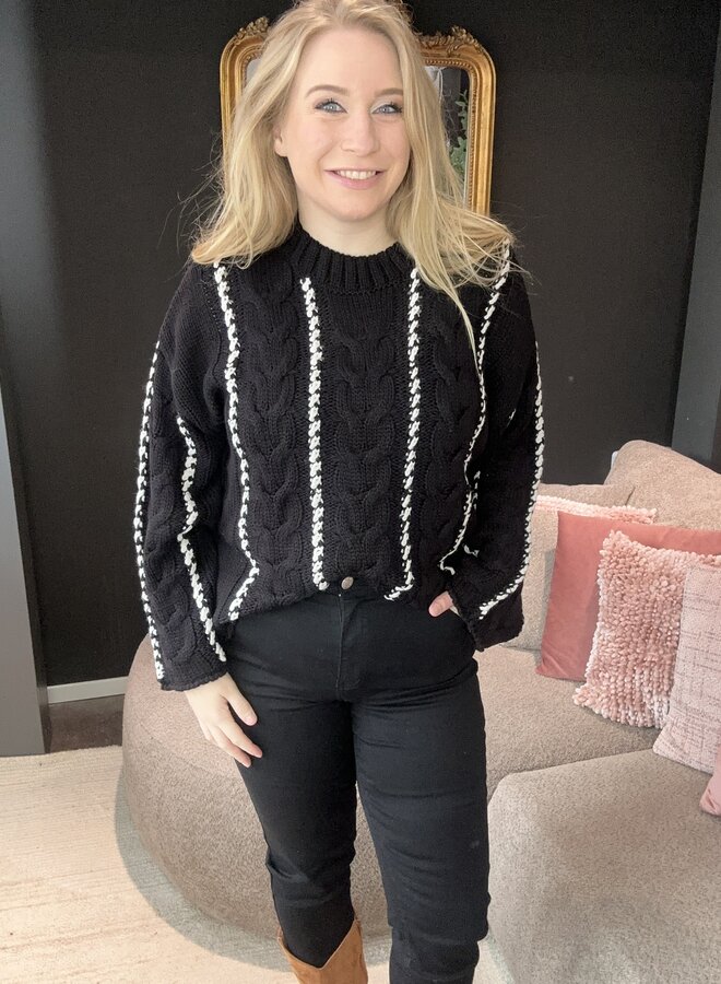 CARTESSA CABEL STITCH LS O-NECK KNT Black/Birch Melange