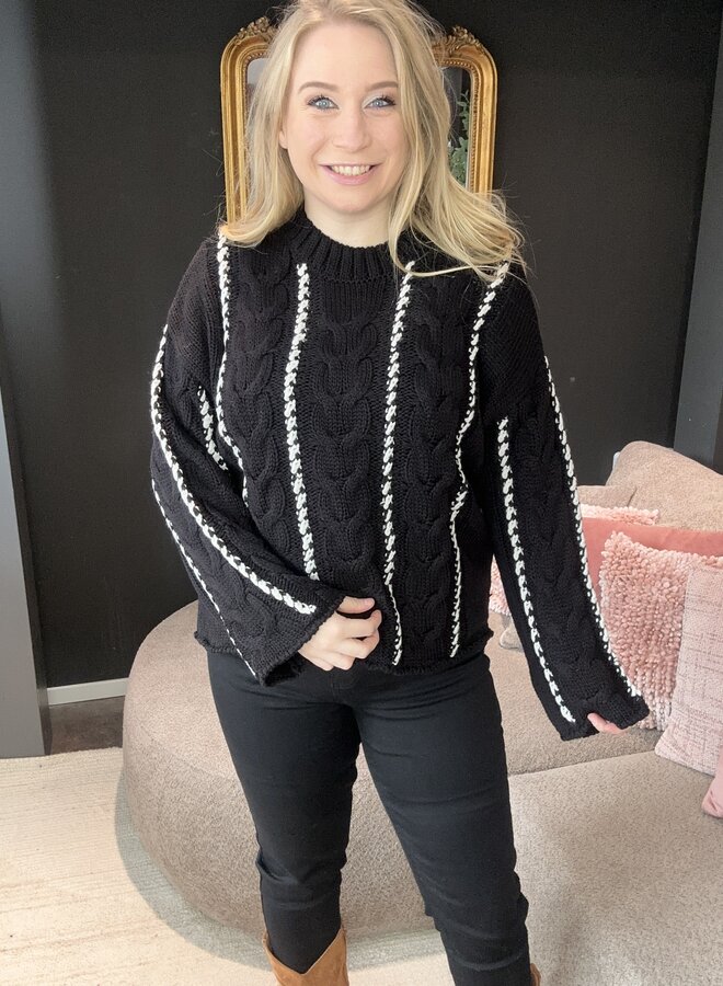 CARTESSA CABEL STITCH LS O-NECK KNT Black/Birch Melange