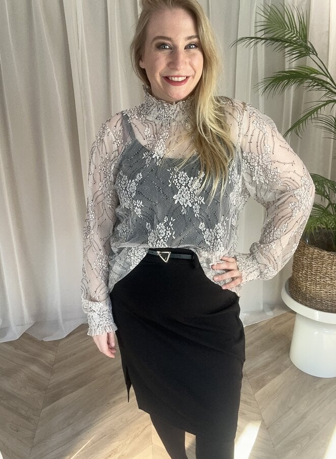 PCKYLIE LS LACE TOP QX Gilded Beige/Black