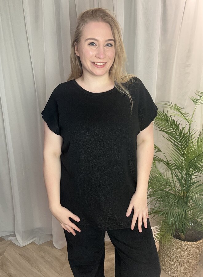 CARAIMIE S/S O-NECK GLITTER TOP JRS Black/Detail Black gl