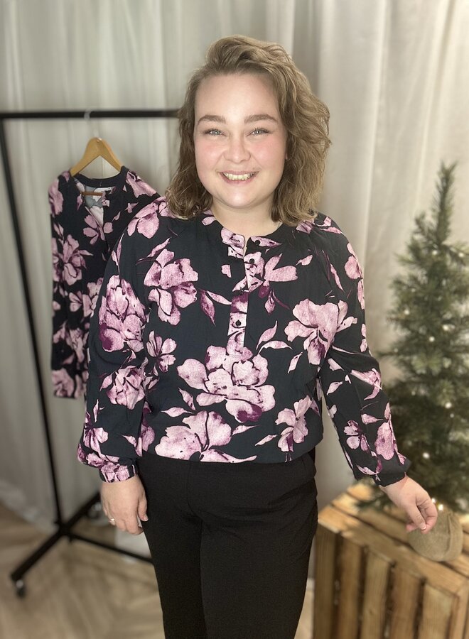 CARLINKA LIFE 3/4 O-NECK TOP AOP Black/FLORAL