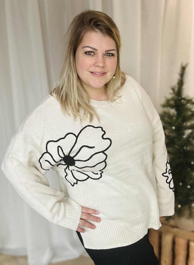 CARPETRA LS FLOWER EMB O-NECK CC KNT Birch/Black