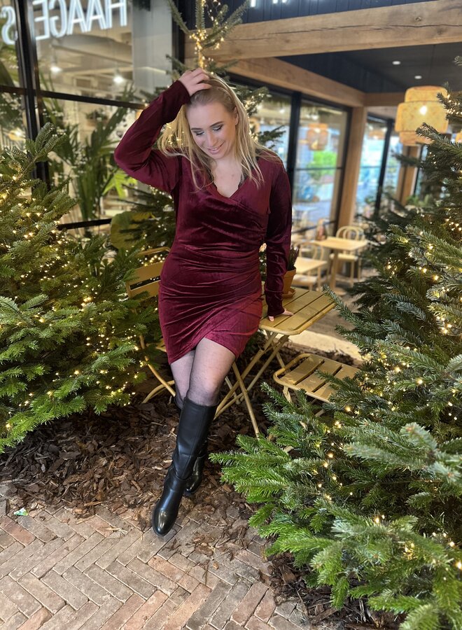 CARDAIZA L/S WRAP DRAPE KNEE DRESS Burgundy