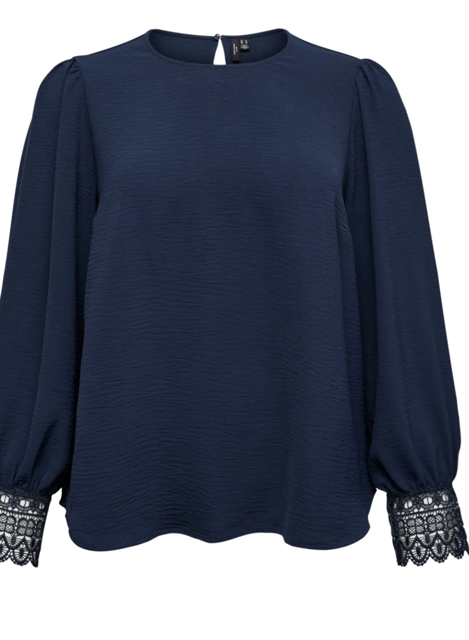 VMCALVA LACE LS O-NECK TOP WVN GA CUR Navy Blazer