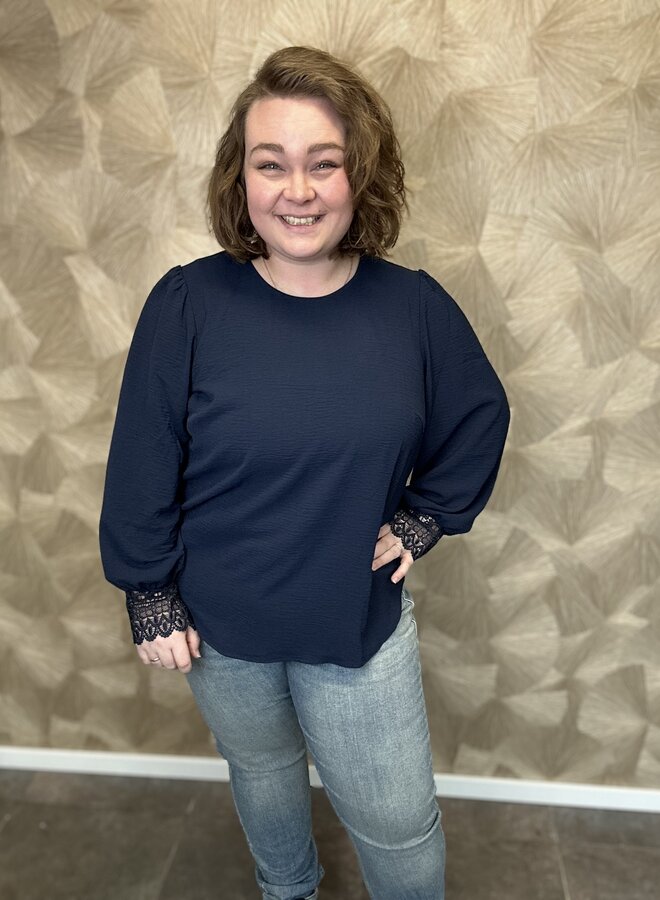 VMCALVA LACE LS O-NECK TOP WVN GA CUR Navy Blazer