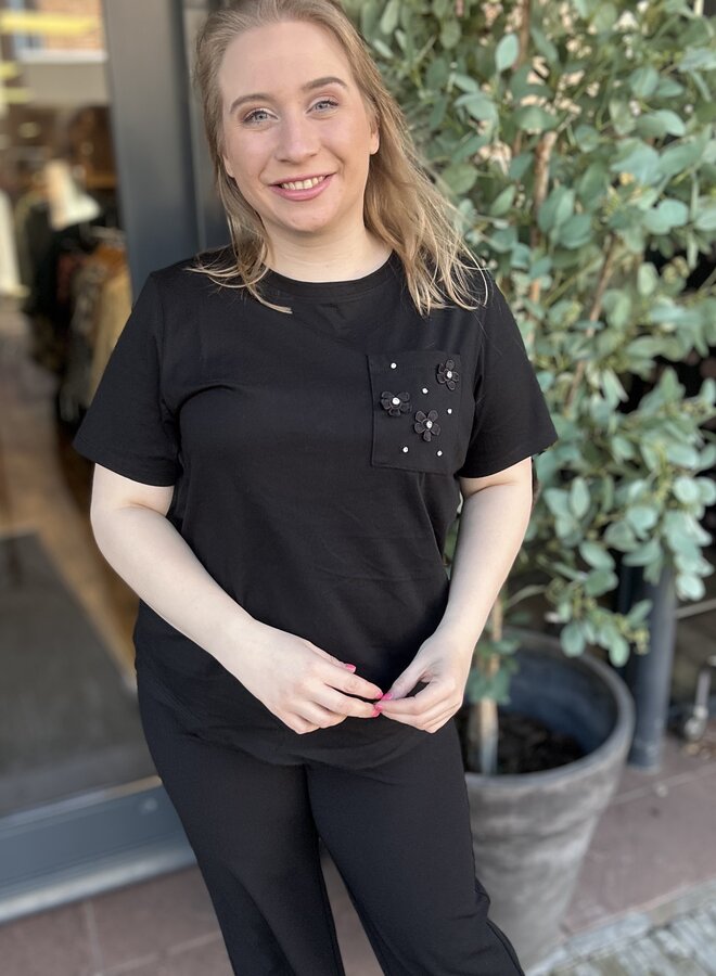 CARZENIA S/S O-NECK TOP JRS Black/Pocket emb