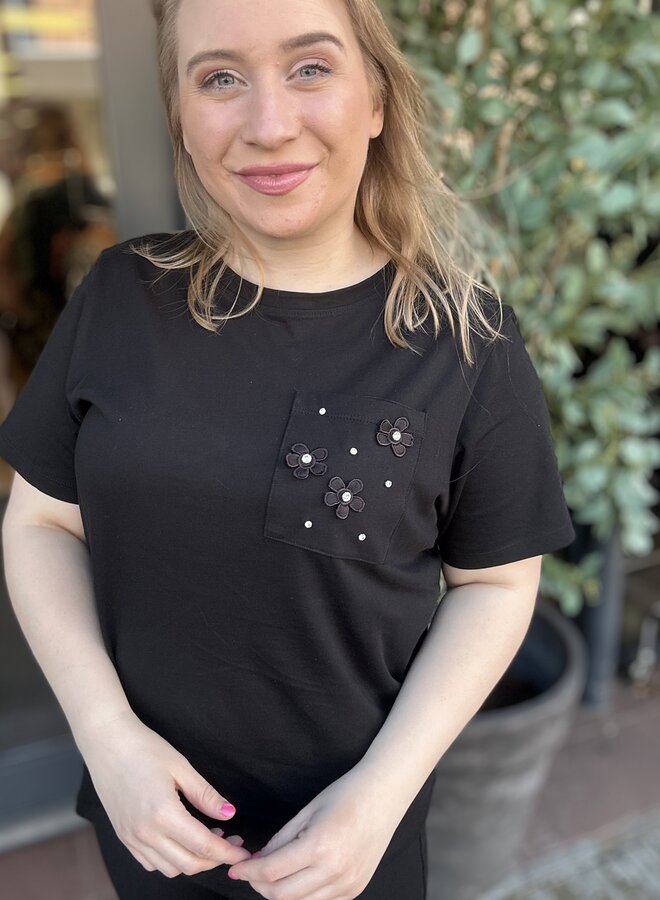 CARZENIA S/S O-NECK TOP JRS Black/Pocket emb