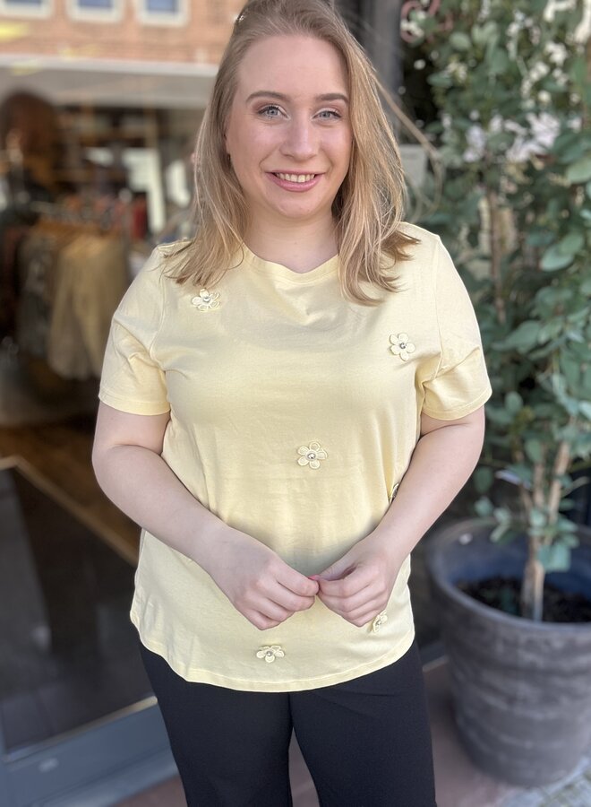 CARZENIA S/S O-NECK TOP JRS Sunlight/Flower emb