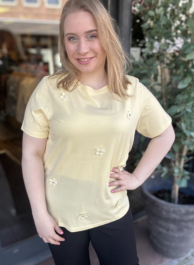 CARZENIA S/S O-NECK TOP JRS Sunlight/Flower emb