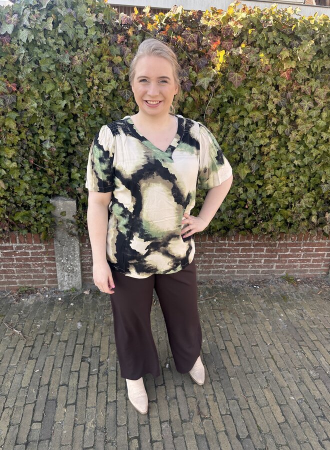 CARKERSTIN S/S V-NECK TOP AOP Oatmeal/SUMMER BLU