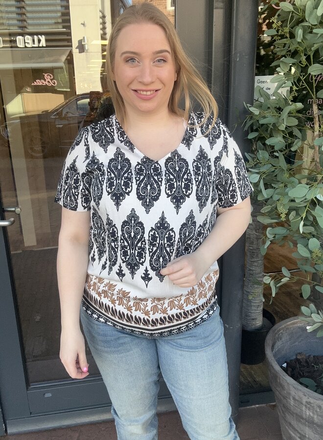 CARHAVANA SS V-NECK TOP AOP Cloud Dancer/ETHNIC