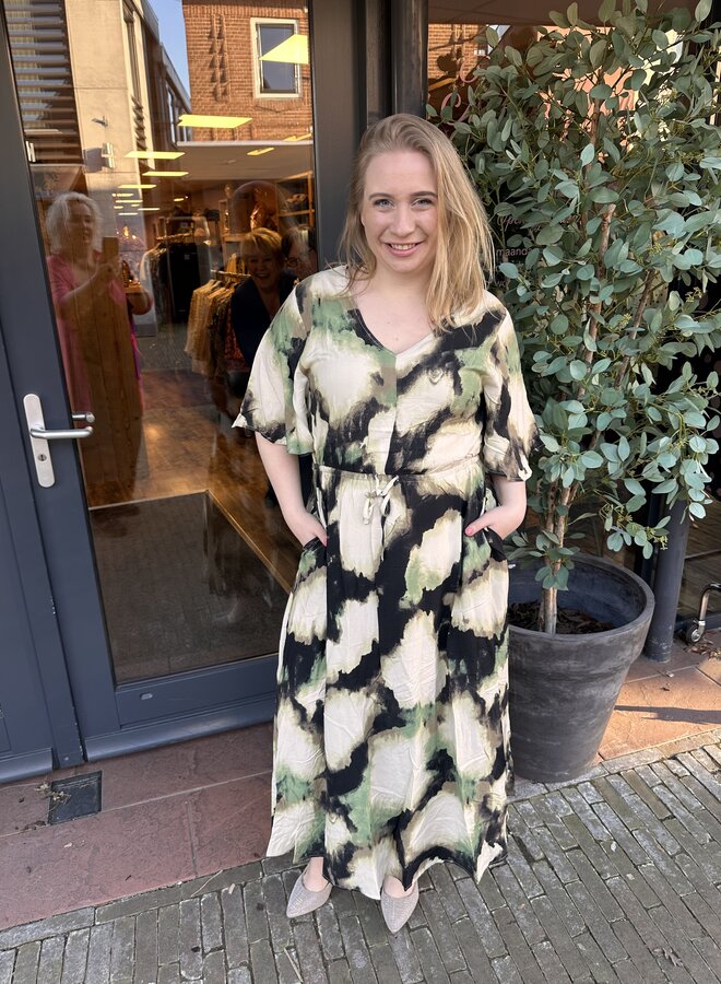 CARKERSTIN S/S V-NECK MAXI DRESS AOP OATMEAL/SUMMER BLU