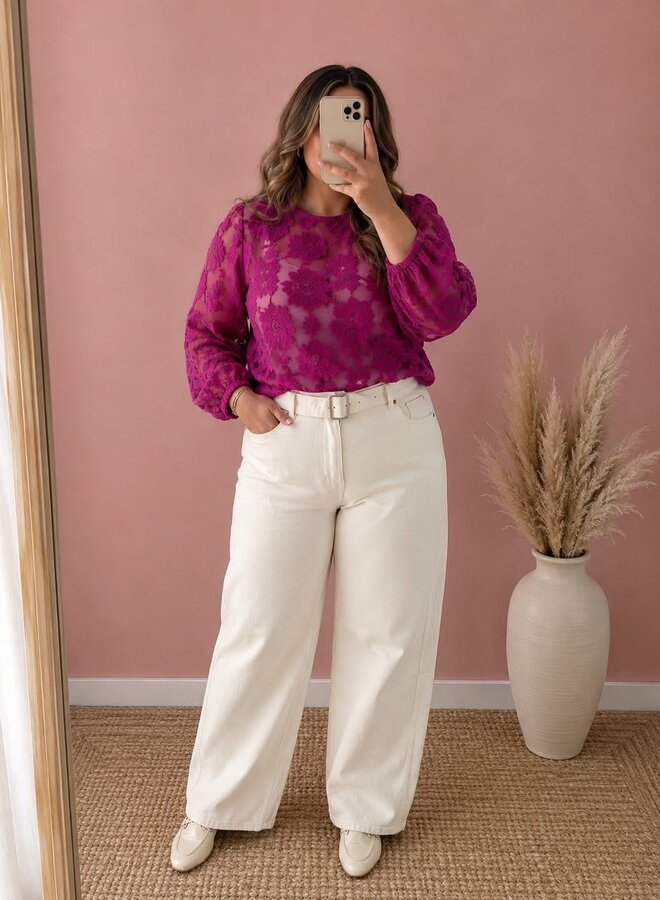 PCNEA LS LACE TOP WVN FSY PP Dark Purple