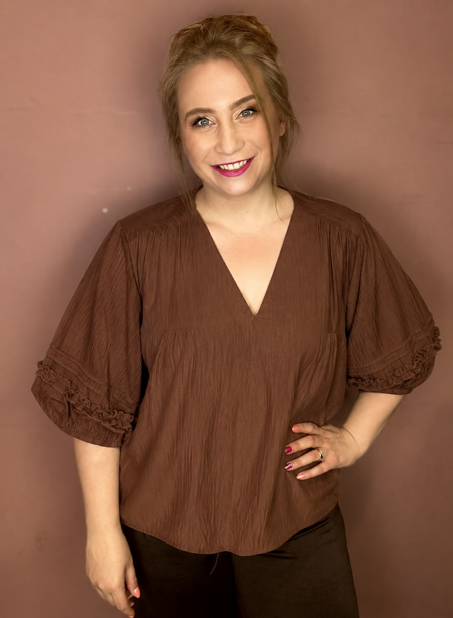 VMCLESLIE 3/4 SLEEVE TOP WVN CUR Cocoa Brown/Dtm flower