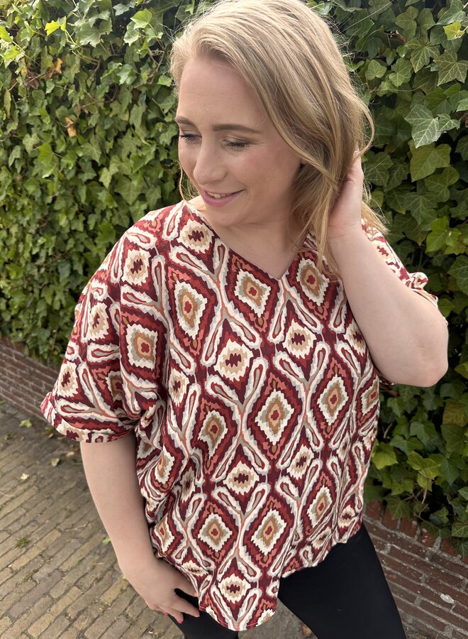 CARBELLY MIKASI SS V-NECK TOP AOP Brick Red/Abstract s