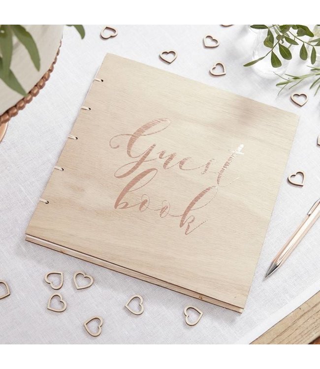 Gastenboek hout met rose gouden letters 32 pagina's