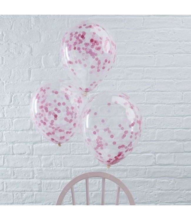 5 confettiballonnen met roze papieren confetti