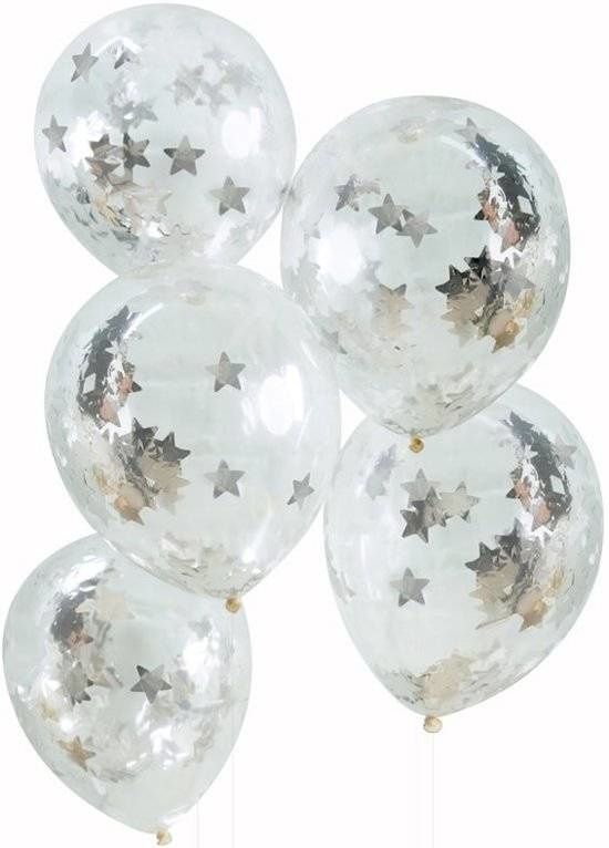 5 confettiballonnen ster zilver