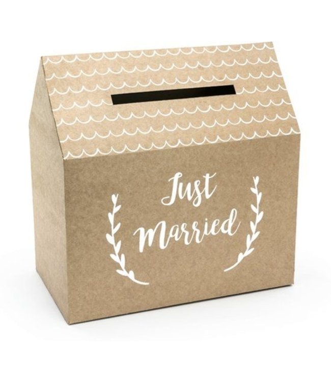 PartyDeco Bruiloft enveloppendoos kraft huisje met witte tekst Just Marries