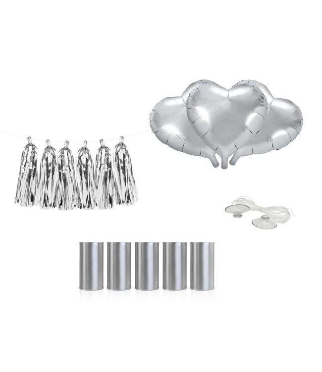 Trouwauto decoratiepakket - Zilver - met blikjes
