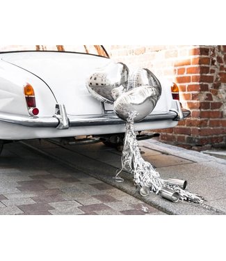 PartyDeco OUTLET Trouwauto decoratiepakket - Blikjes & zilveren hartjes