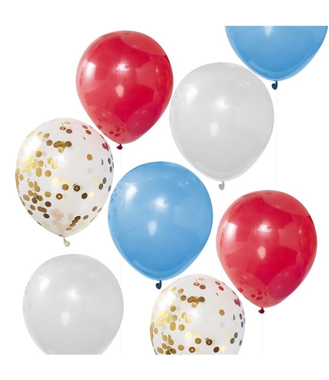 Ginger Ray Bevrijdingsdag ballonnen - Rood - Wit - Blauw - Confetti goud 8 stuks