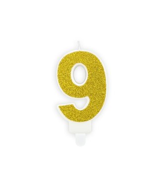 PartyDeco Kaars cijfer 9 | Gouden glitters