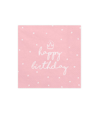 PartyDeco Servetten Happy Birthday roze/wit kroontje | 20 stuks