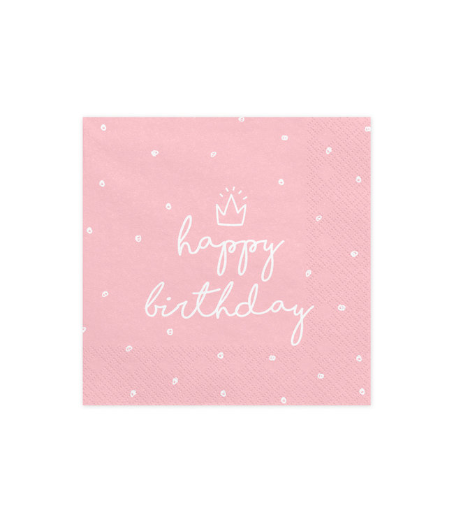 PartyDeco Servetten Happy Birthday roze/wit kroontje | 20 stuks
